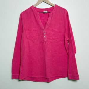 Mote Womens Double Gauze Blouse XXL Pink Cotton Henley Top Casual Boho Barbie